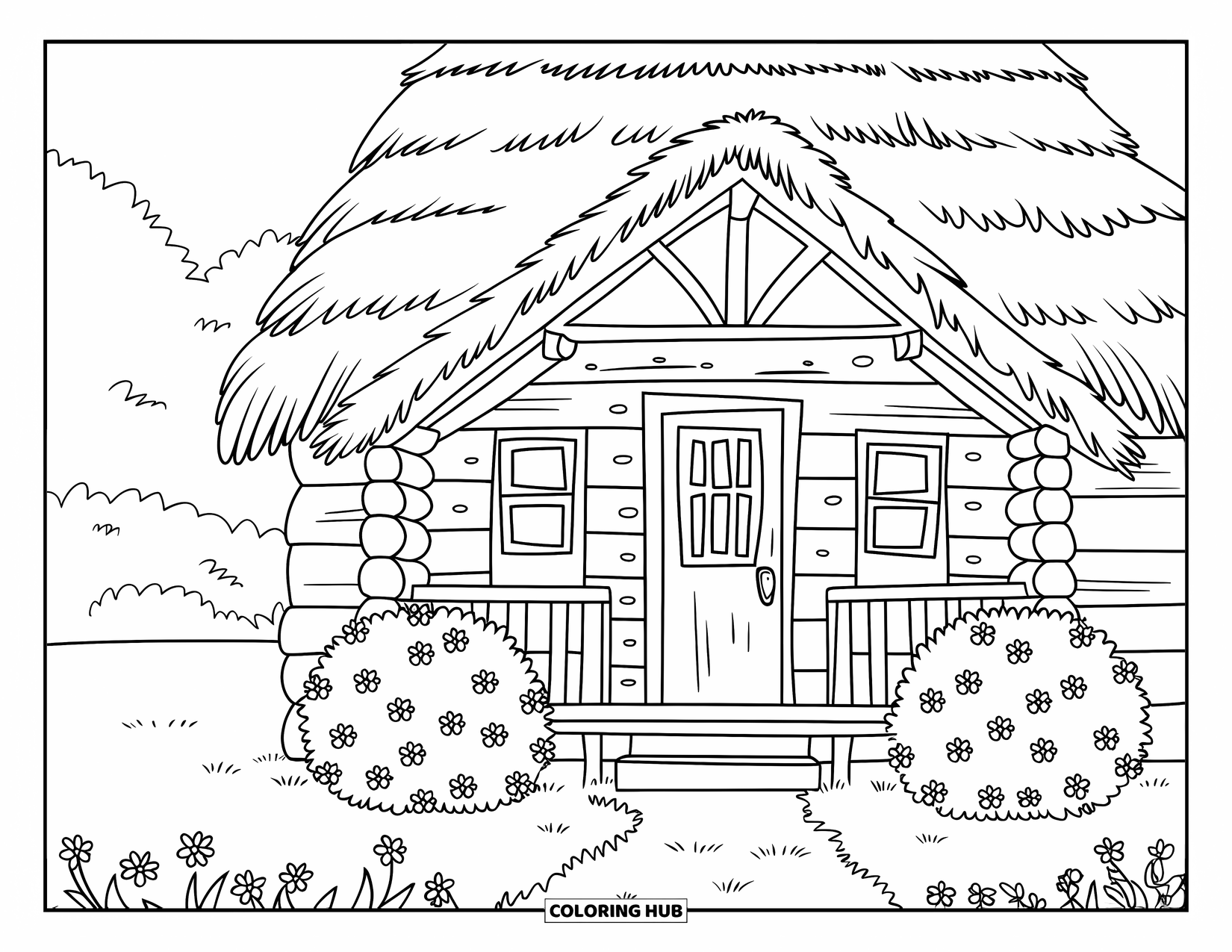 Log Cabin Coloring Page for Kids: Cabin porch framed by flower bushes in a wildflower-covered field