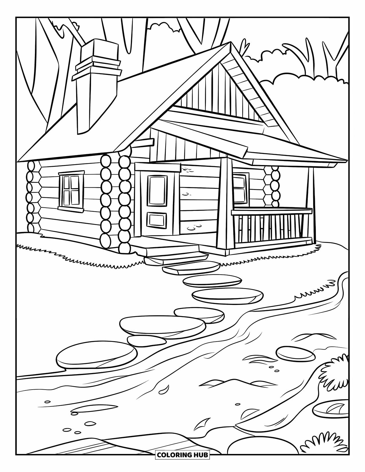 Log Cabin Coloring Page for Kids: Cabin with a chimney by a clear stream and rocks under nearby trees
