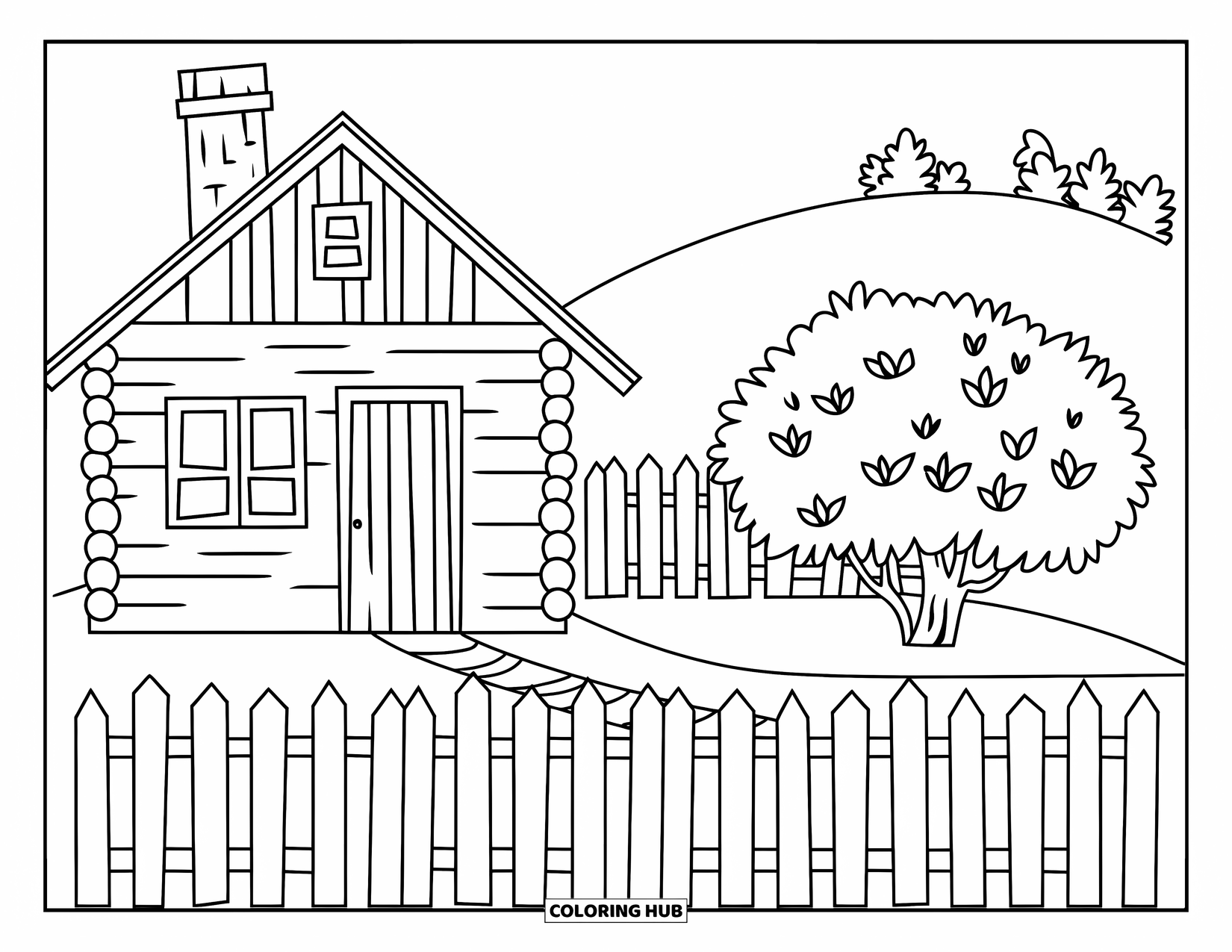 Log Cabin Coloring Page for Kids: Cabin with a fence, bush, and gentle hill in a grassy field
