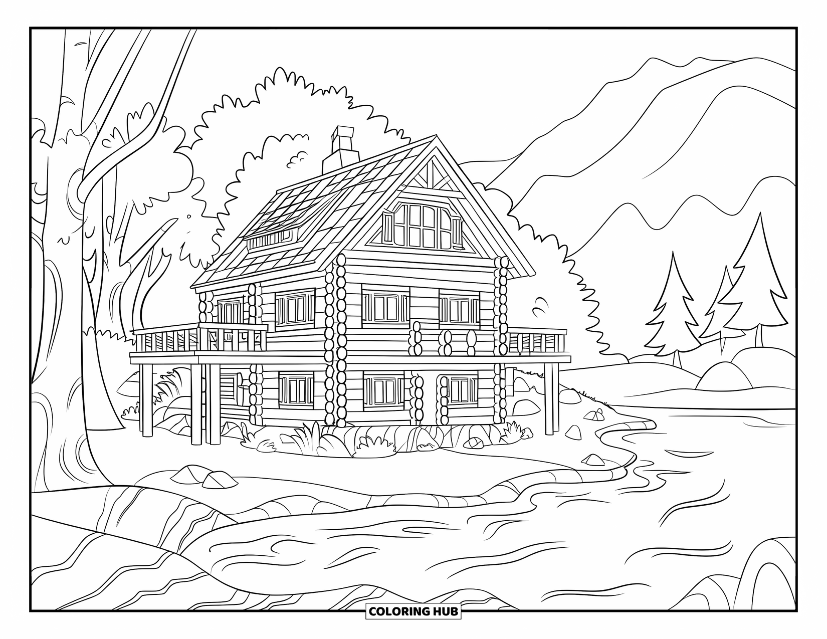 Log Cabin Coloring Page for Kids: Cabin with balcony sits peacefully near trees, rocks, and gentle waves by the lake