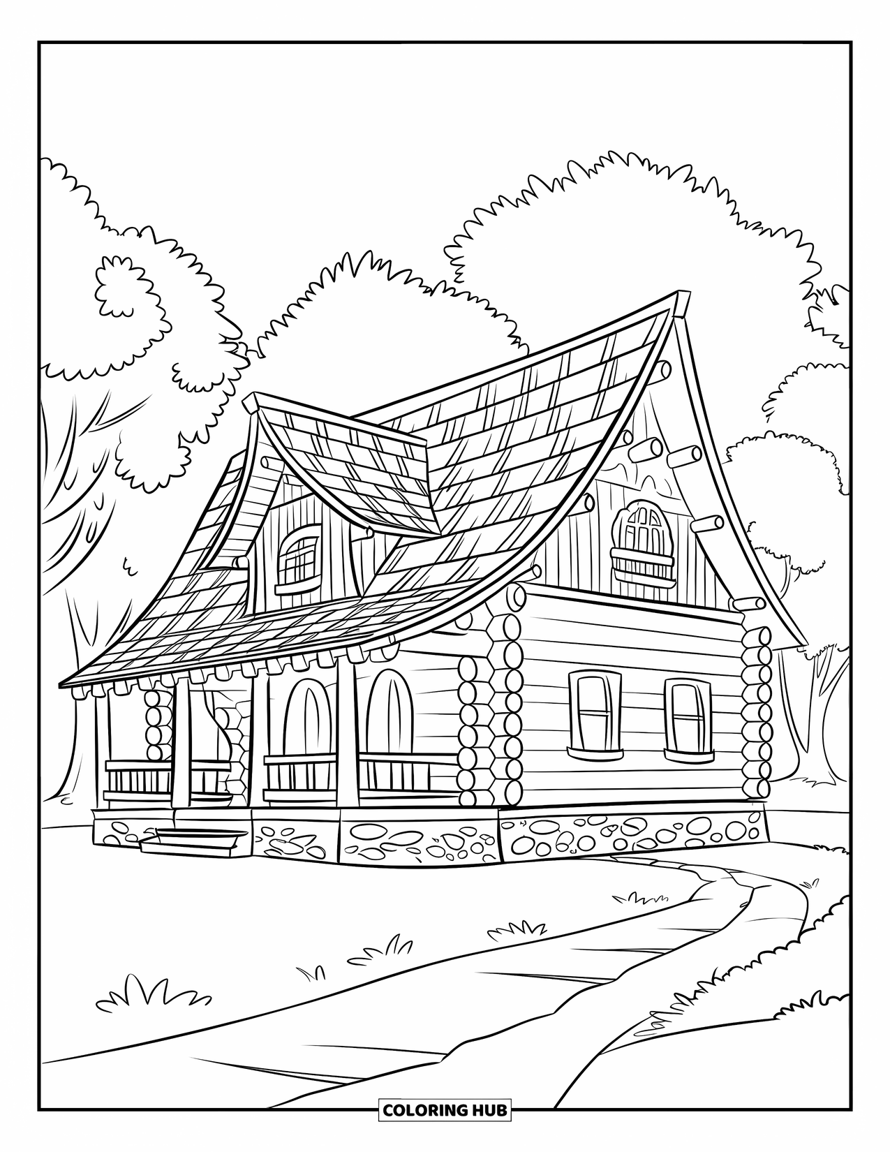Log Cabin Coloring Page for Kids: Cabin with detailed shingles and stone base near a curved forest trail