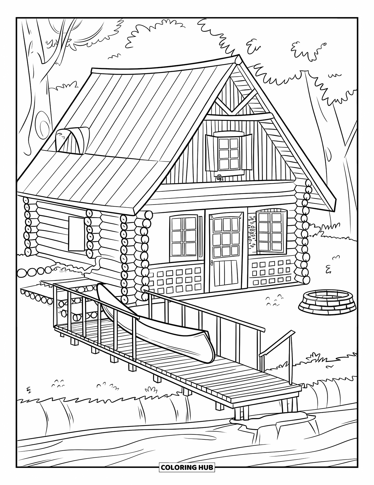 Log Cabin Coloring Page for Kids: Cabin with dock and firepit by a flowing river and peaceful tree-lined banks