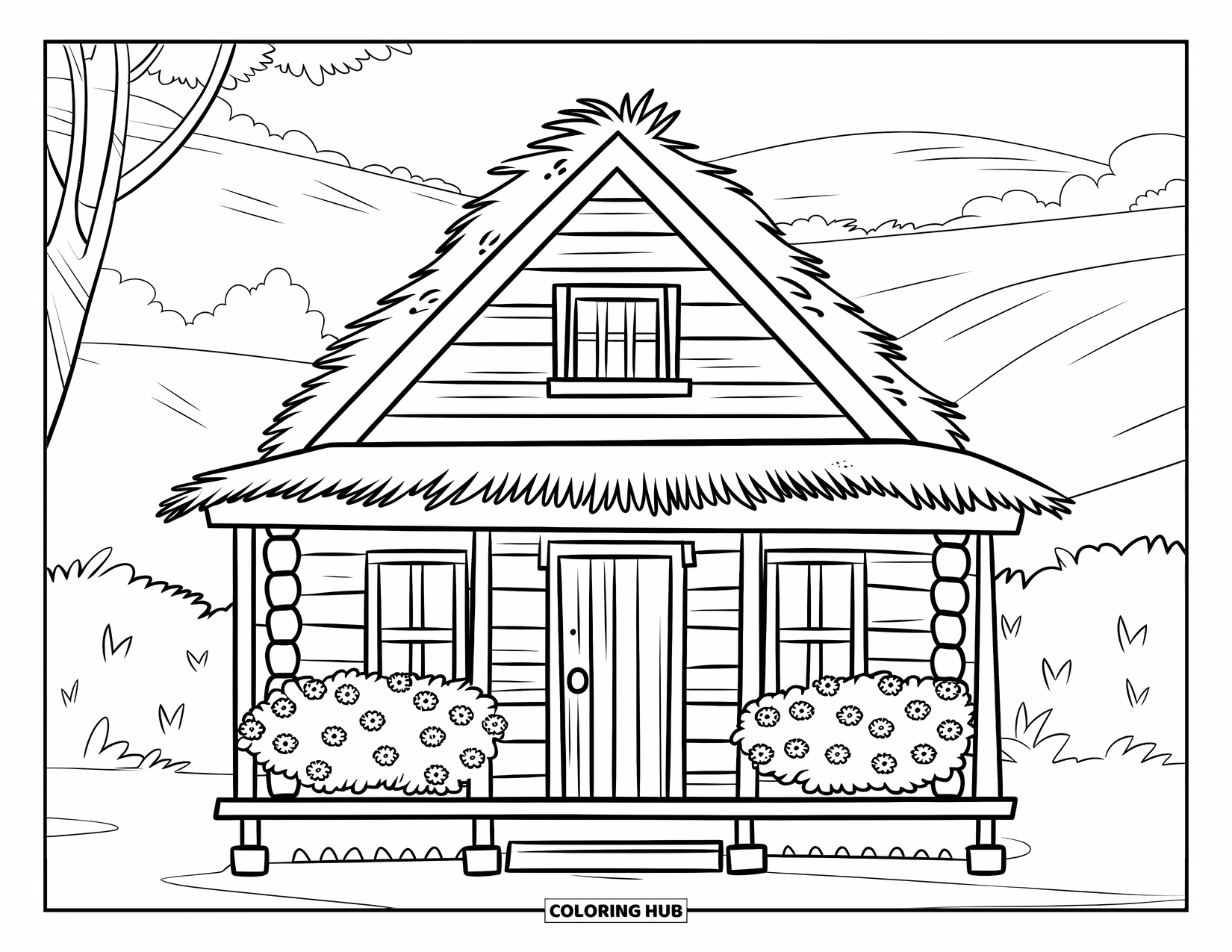 Log Cabin Coloring Page for Kids: Cabin with porch and flower bushes in a hilly, tree-lined field