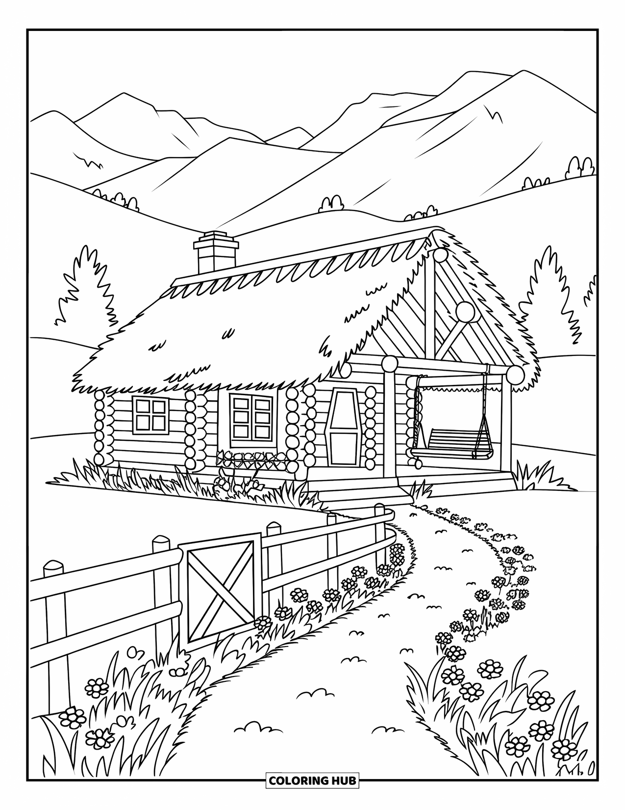 Log Cabin Coloring Page for Kids: Cabin with porch swing, garden path, and mountain backdrop in a quiet field