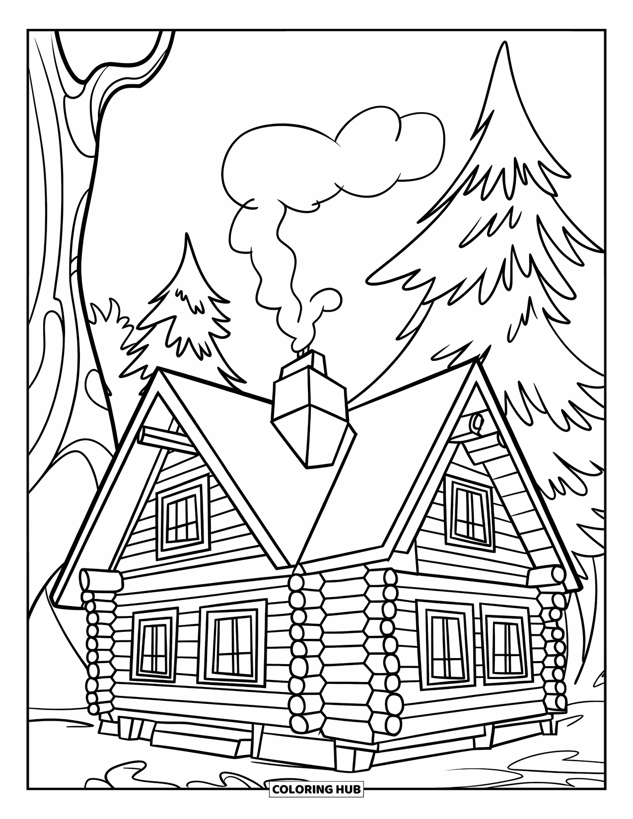 Log Cabin Coloring Page for Kids: Cabin with smoke puffing from chimney and trees all around