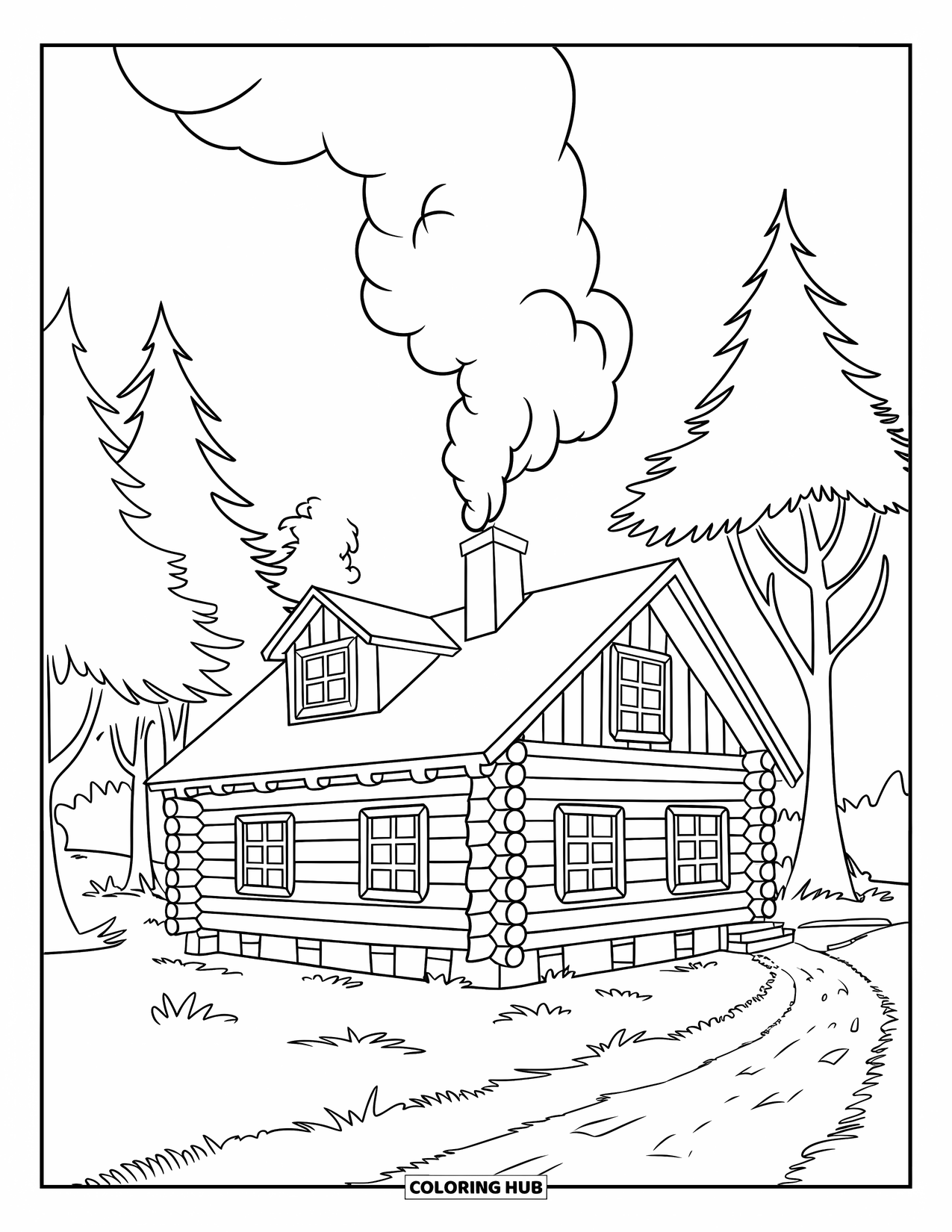 Log Cabin Coloring Page for Kids: Cabin with smoke, trees, and a dirt path leading home