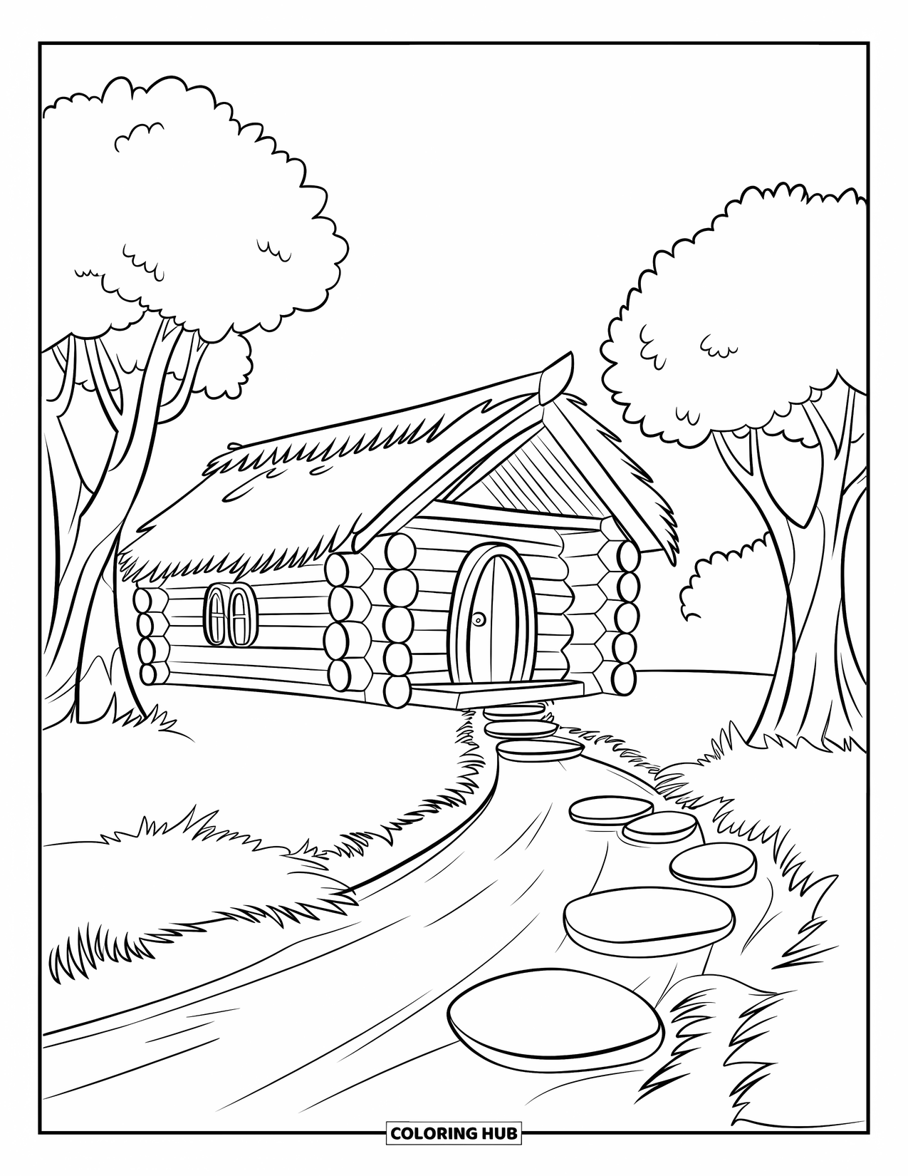 Log Cabin Coloring Page for Kids: Cabin with stepping stones over a stream and trees with big round leaves