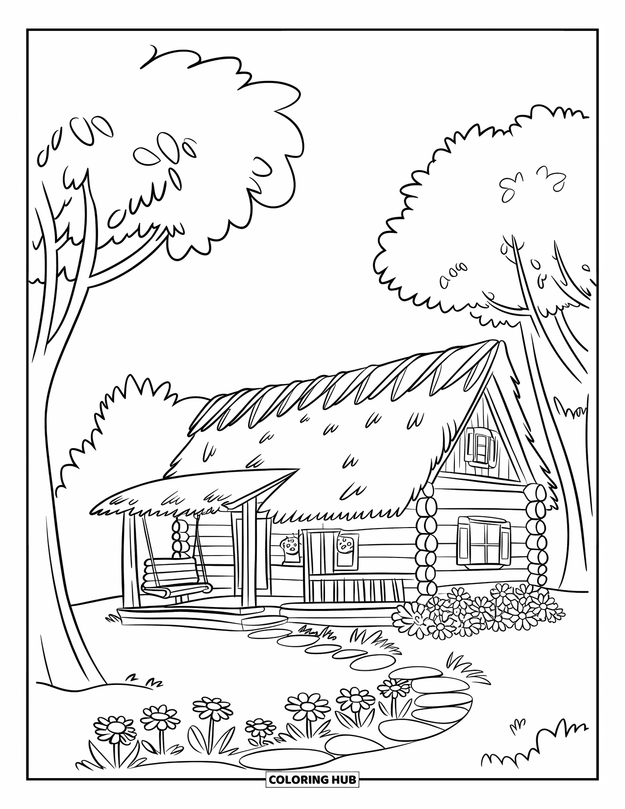 Log Cabin Coloring Page for Kids: Cabin with swing and flowers under puffy clouds in a grassy meadow