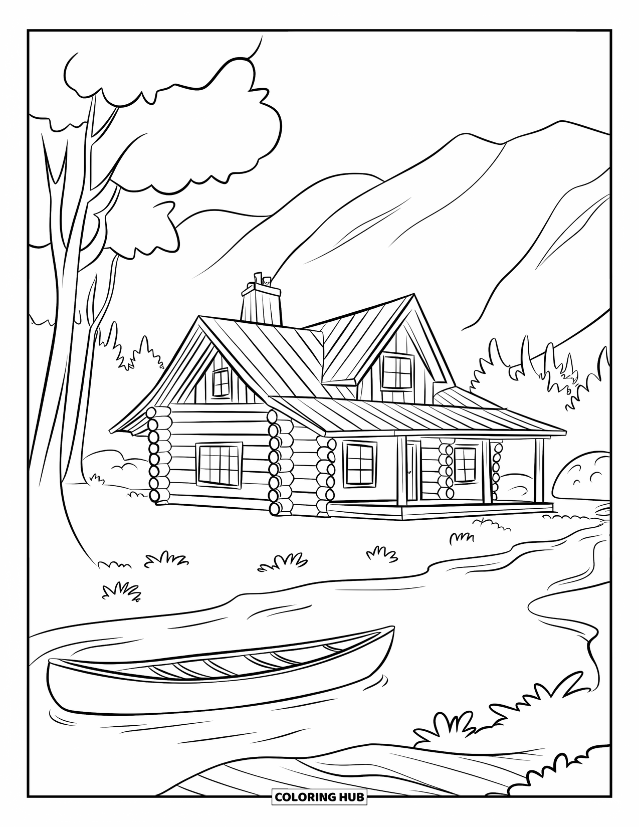 Log Cabin Coloring Page for Kids: Canoe floats near a quiet cabin by a gentle river and trees