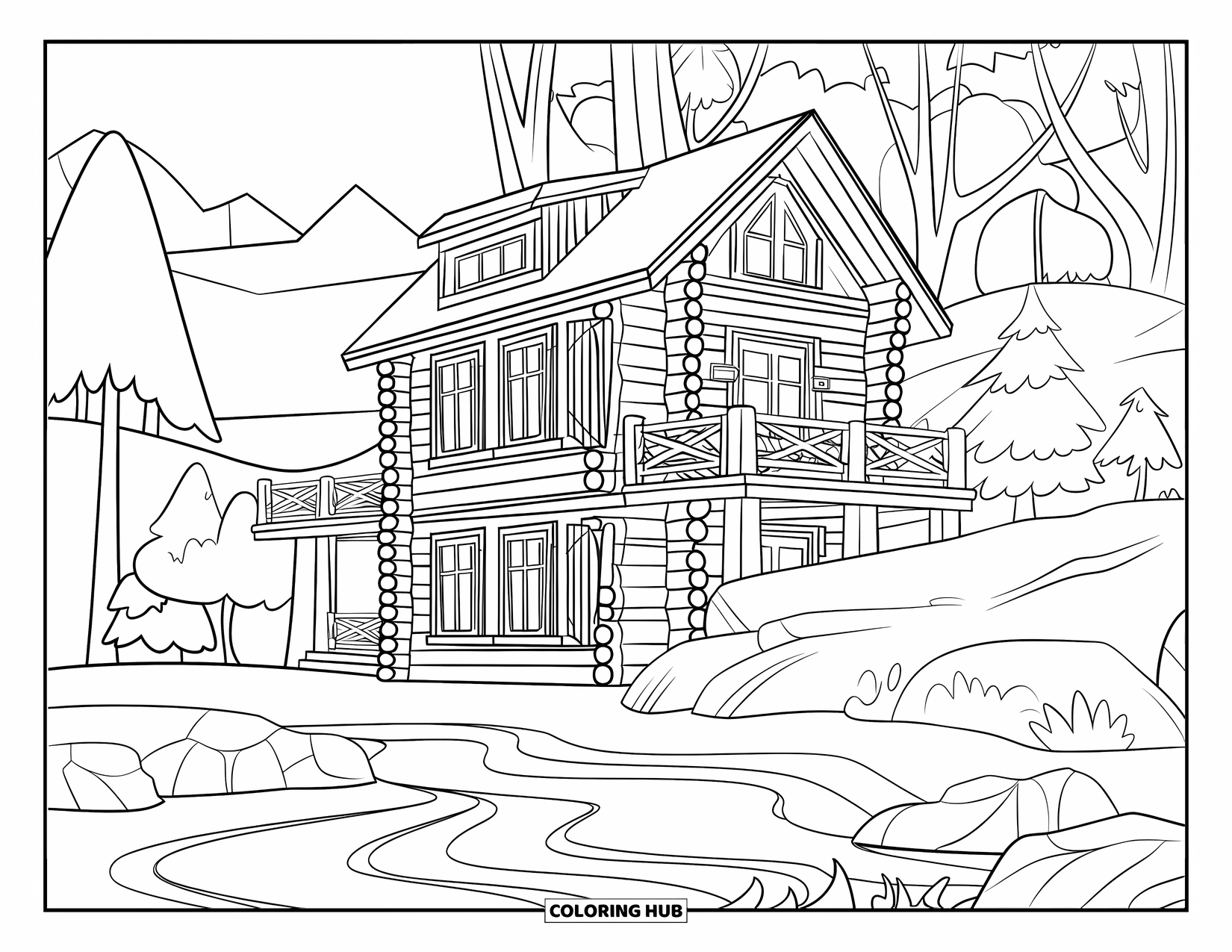 Log Cabin Coloring Page for Kids: Charming cabin with a balcony beside a lake, framed by trees and distant hills