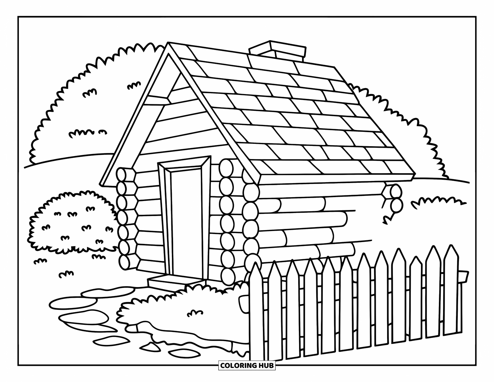 Log Cabin Coloring Page for Kids: Cozy cabin with fence and hill behind, perfect for a quiet day