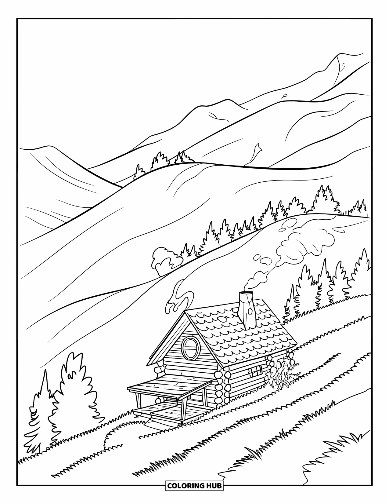 Log Cabin Coloring Page for Kids: Cozy log cabin on a slope surrounded by trees with mountains in the distance