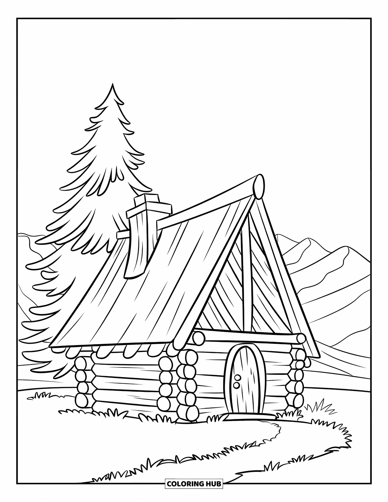 Log Cabin Coloring Page for Kids: Cute cabin with a triangle roof and a pine tree beside it