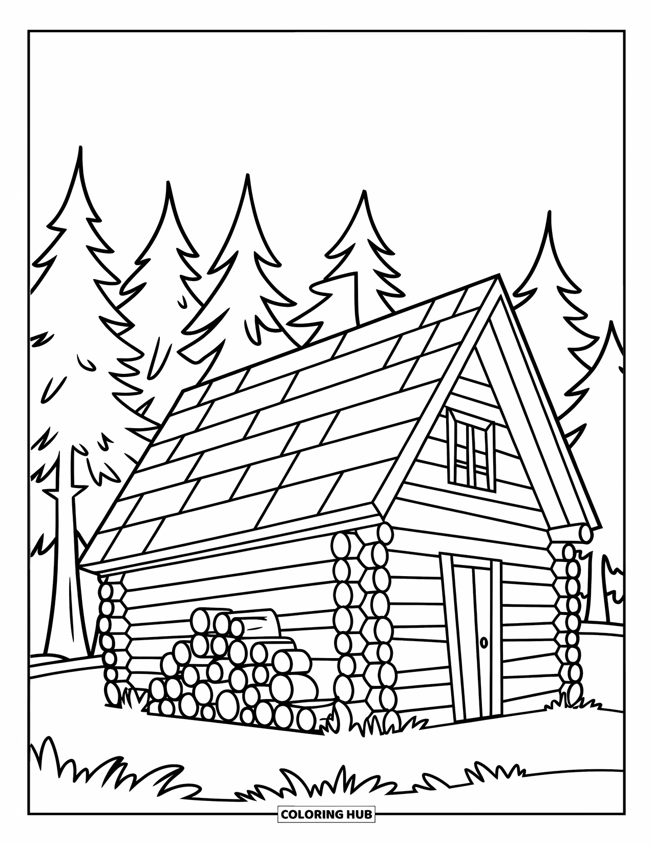 Log Cabin Coloring Page for Kids: Forest cabin with pine trees and a woodpile stacked neatly at the side