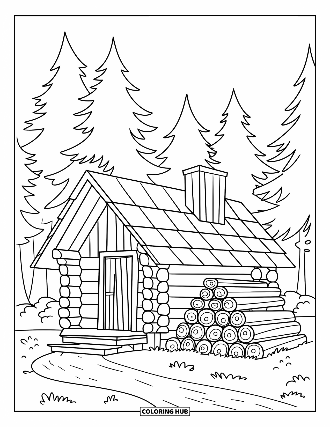 Log Cabin Coloring Page for Kids: Forest log cabin with chimney, dirt path, and a stacked woodpile
