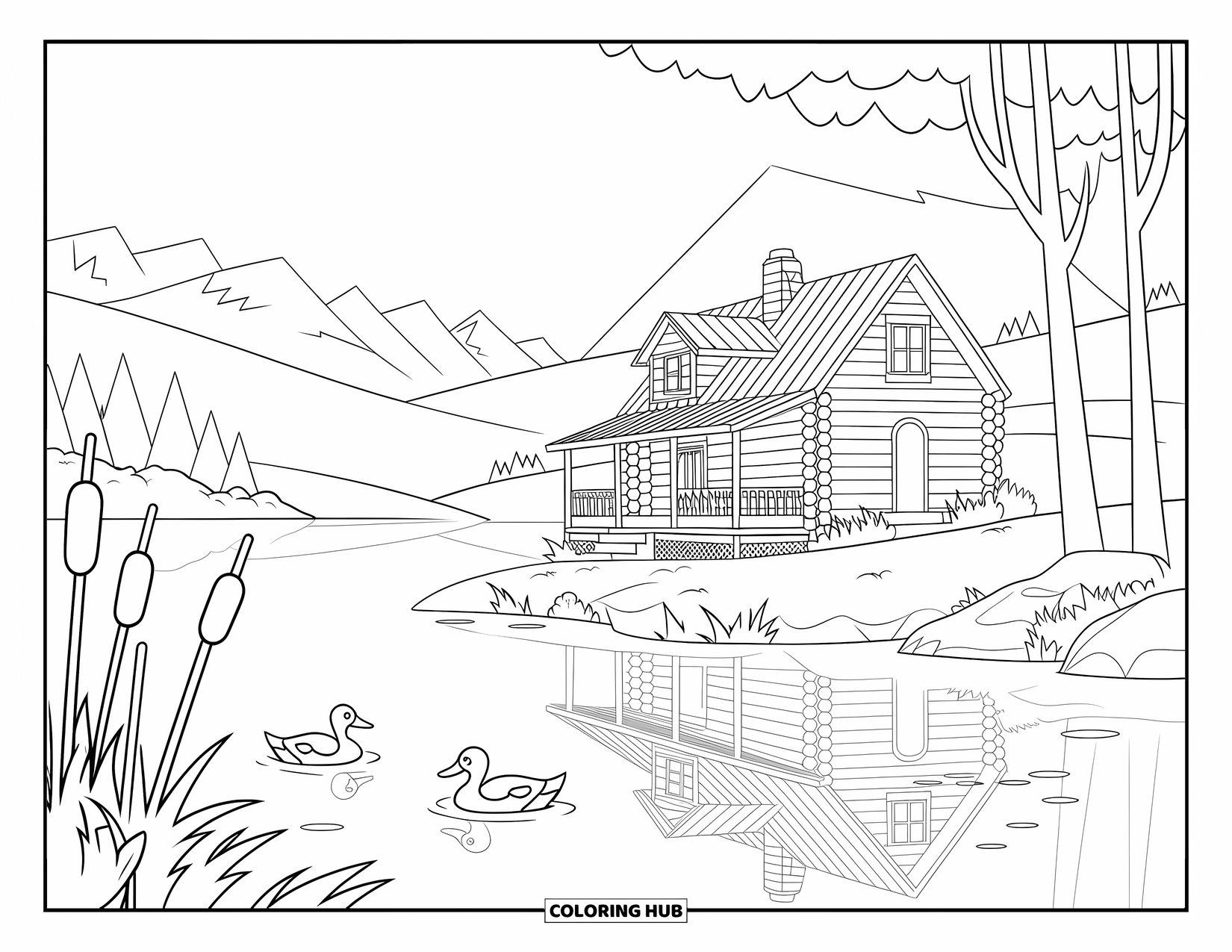 Log Cabin Coloring Page for Kids: Lakeside cabin with ducks and a porch reflected in still, peaceful water