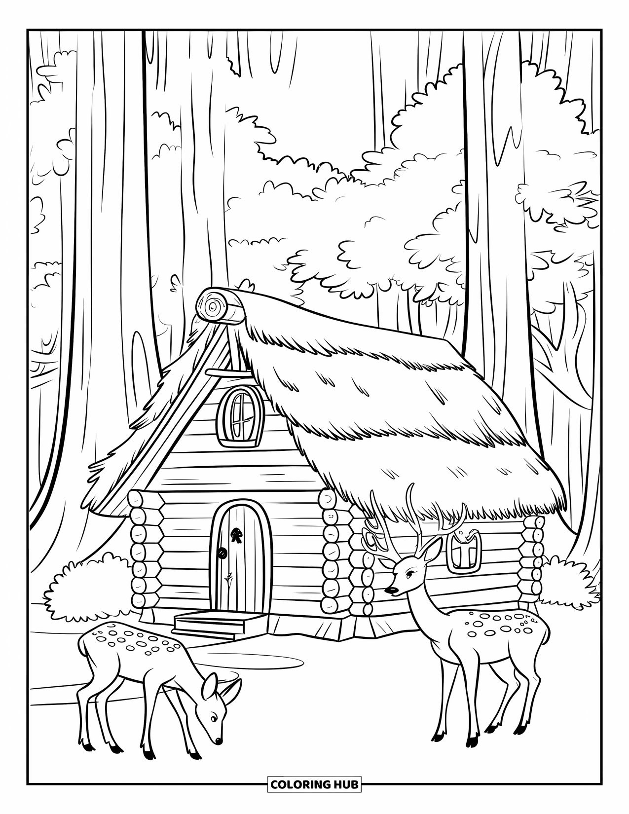 Log Cabin Coloring Page for Kids: Log cabin surrounded by tall trees as deer graze nearby in the forest