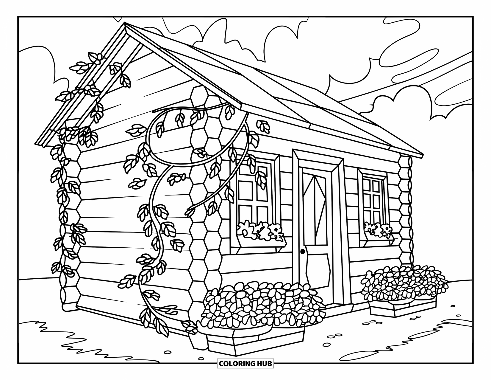 Log Cabin Coloring Page for Kids: Log cabin with climbing vines and a simple flower garden blooming beside it