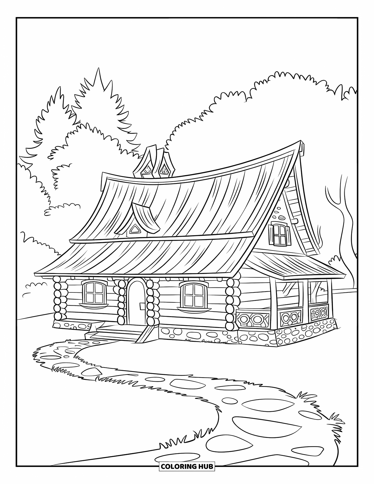 Log Cabin Coloring Page for Kids: Log cabin with shingled roof and winding path among a forest clearing
