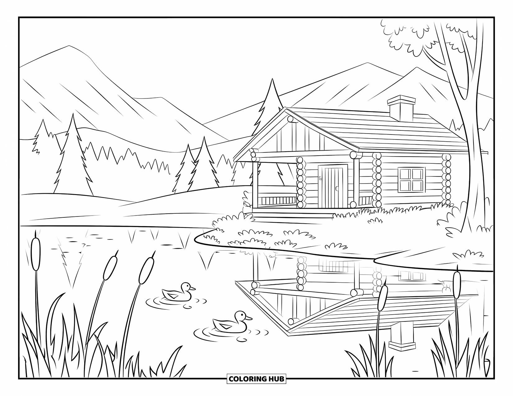 Log Cabin Coloring Page for Kids: Peaceful cabin and calm lake with ducks and cattails in a mountain setting