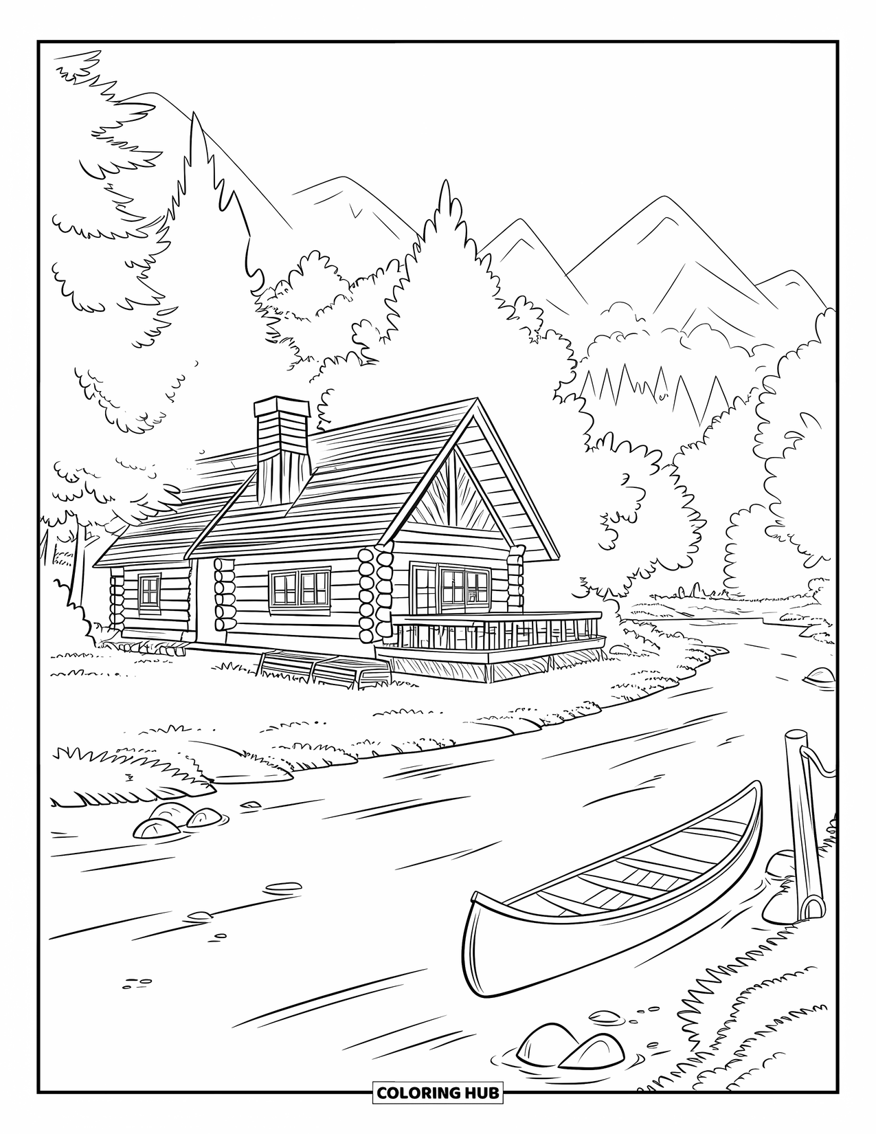 Log Cabin Coloring Page for Kids: Peaceful cabin by the river with canoe, deck, and mountain view