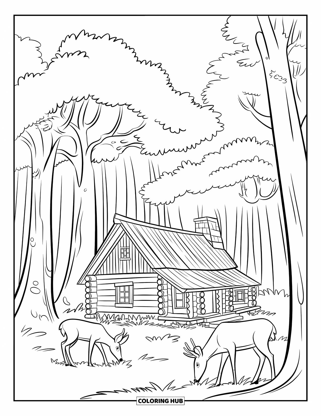 Log Cabin Coloring Page for Kids: Peaceful forest cabin with grazing deer and a chimney under a wide sky