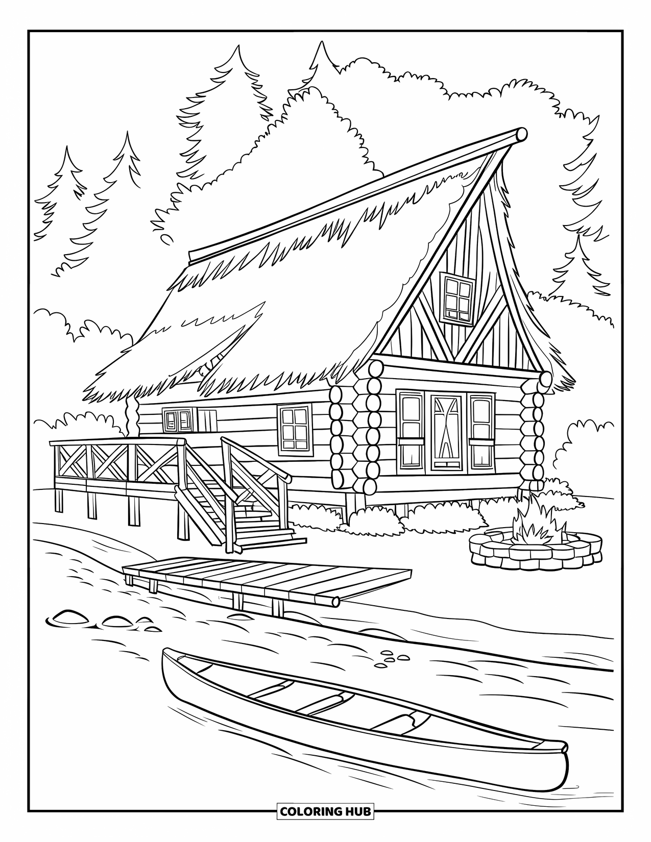 Log Cabin Coloring Page for Kids: Riverside log cabin with dock, canoe, and leafy trees under a calm sky