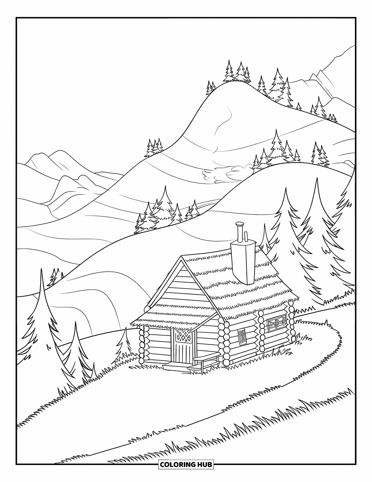 Log Cabin Coloring Page for Kids: Rustic cabin among pines on a slope with round mountain peaks in the distance