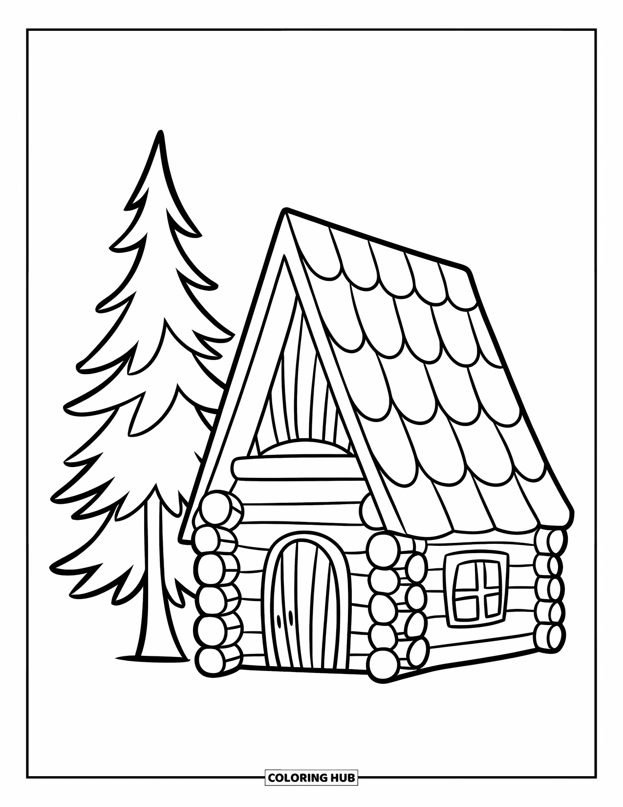 Log Cabin Coloring Page for Kids: Simple cabin and pine tree drawn with cheerful bold lines
