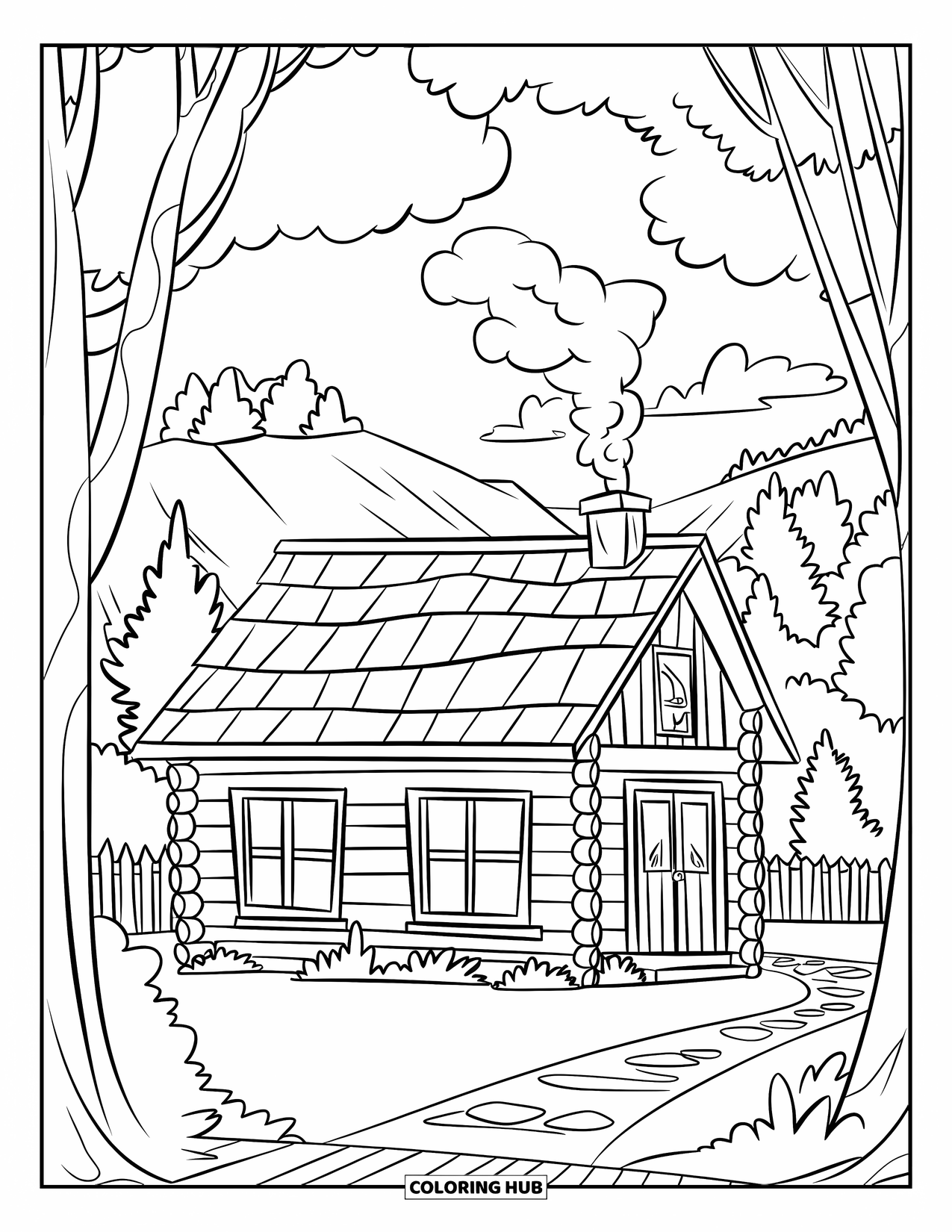 Log Cabin Coloring Page for Kids: Simple cabin with square windows, fence, and mountain view