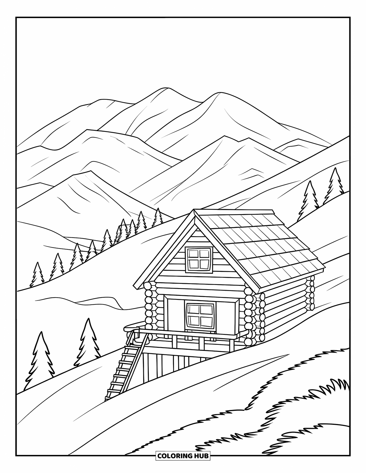 Log Cabin Coloring Page for Kids: Sloped cabin with a leaning ladder and a mountain backdrop under clear skies