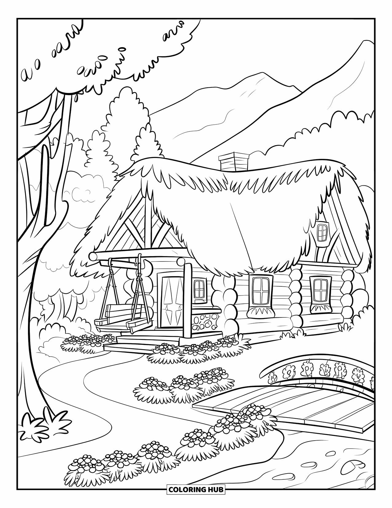 Log Cabin Coloring Page for Kids: Thatched cabin with flowers by the path and a bridge over a nearby river