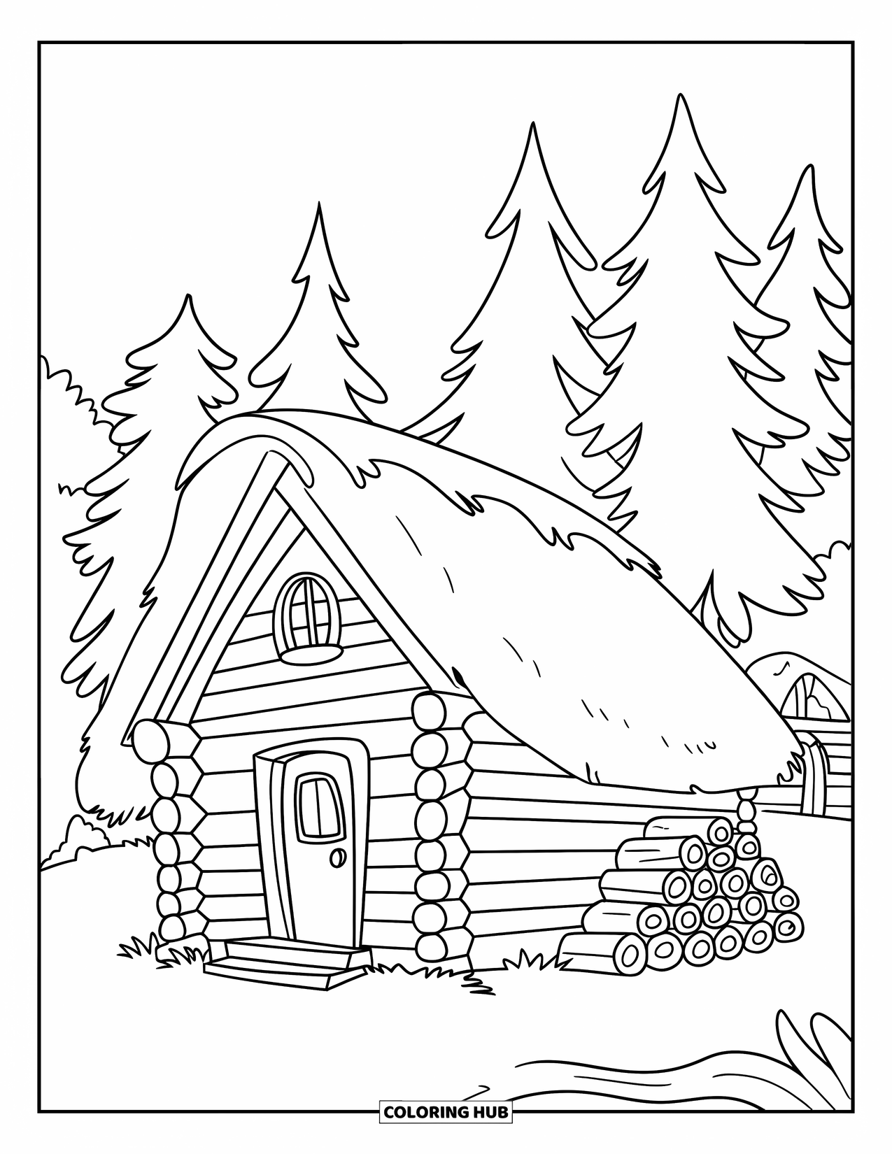 Log Cabin Coloring Page for Kids: Thatched forest cabin with a chimney and stacked logs nearby