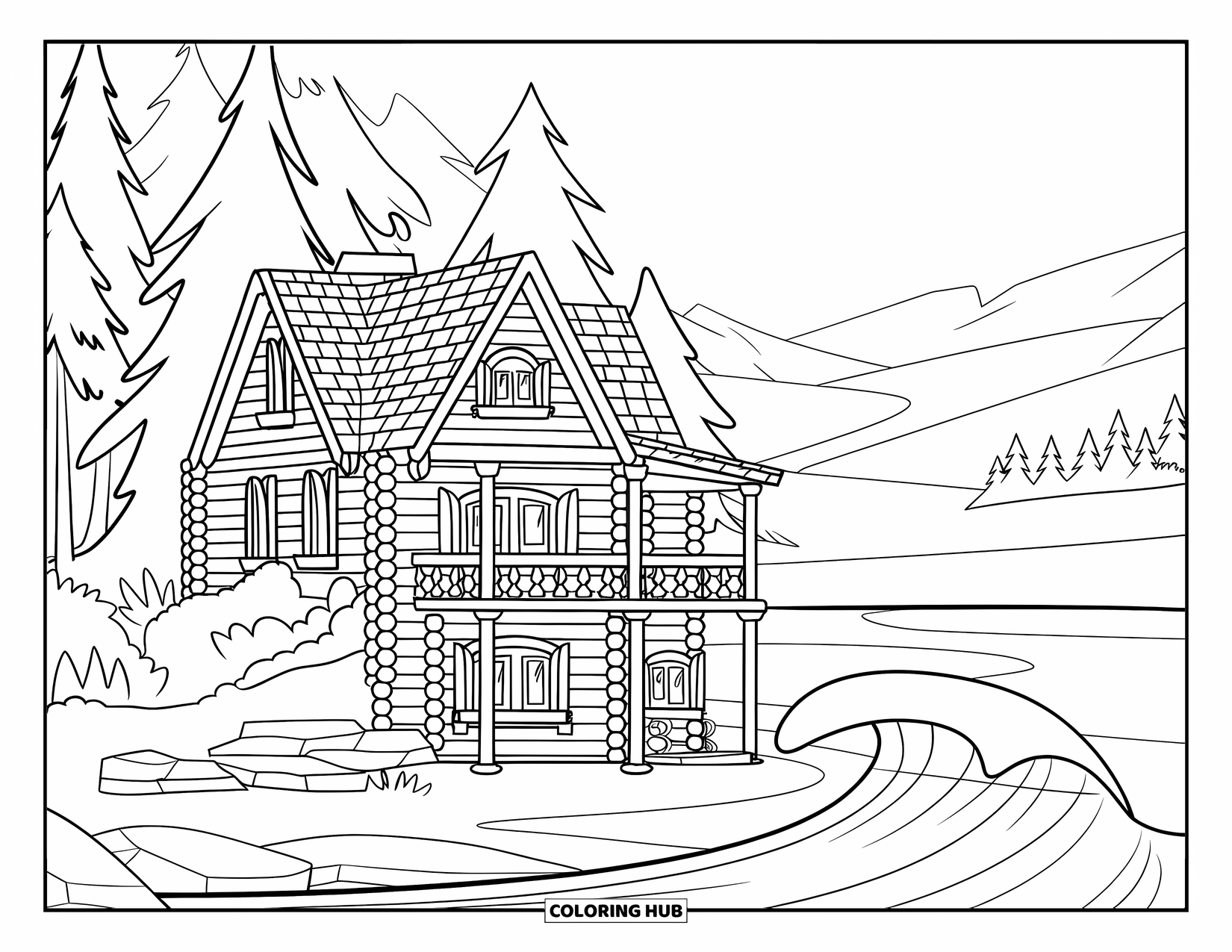 Log Cabin Coloring Page for Kids: Wooden cabin with large windows and balcony surrounded by trees, rocks, and mountains