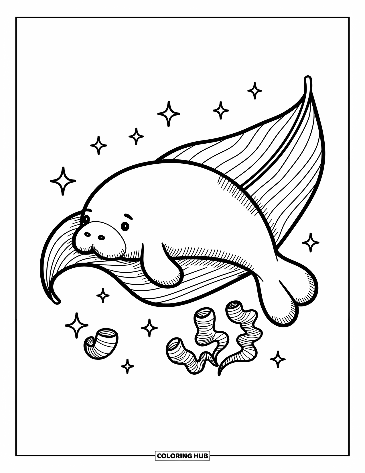Manatee Coloring Page for Adults: Chill manatee lounges on a leaf with playful sea sparkles
