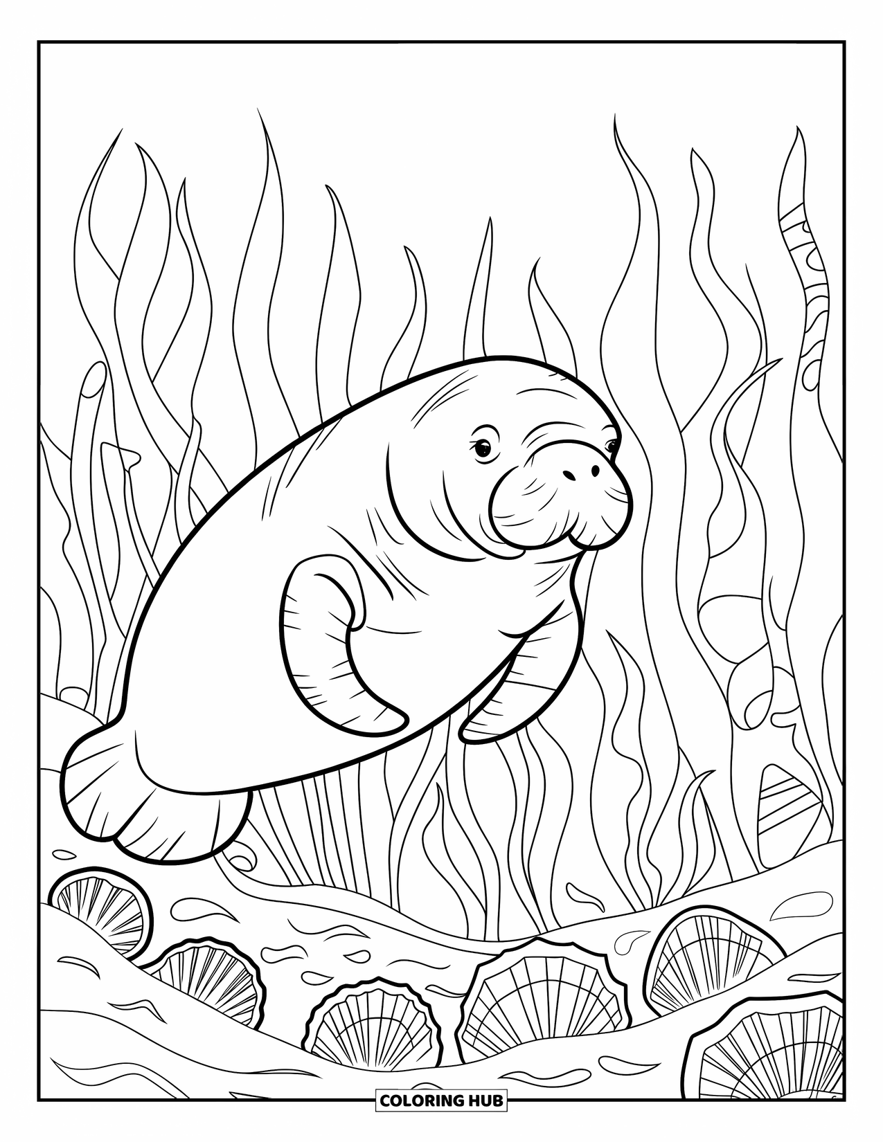 Manatee Coloring Page for Adults: Floating manatee surrounded by stained glass seaweed and seashells