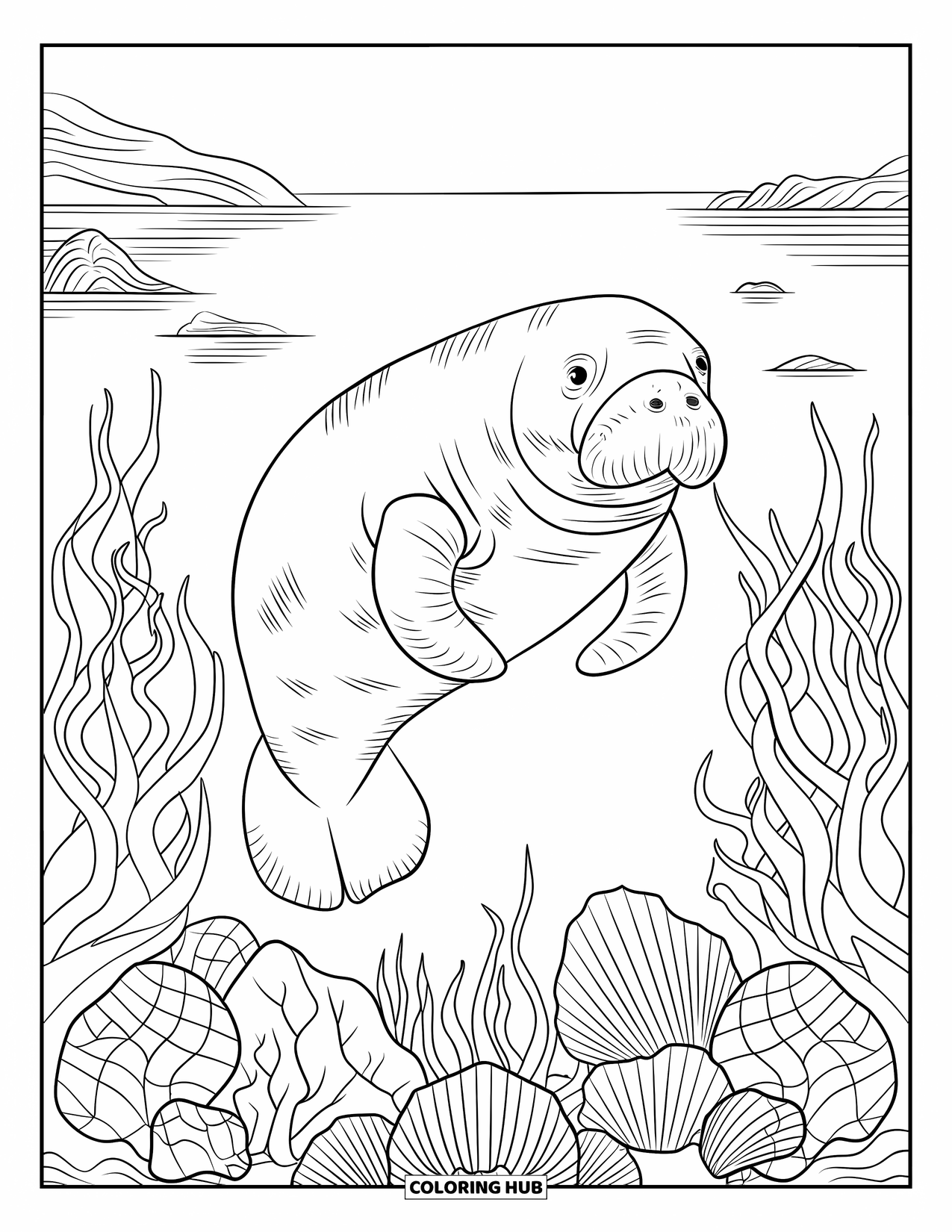 Manatee Coloring Page for Adults: Gentle manatee floats with seaweed and shells in a calm ocean