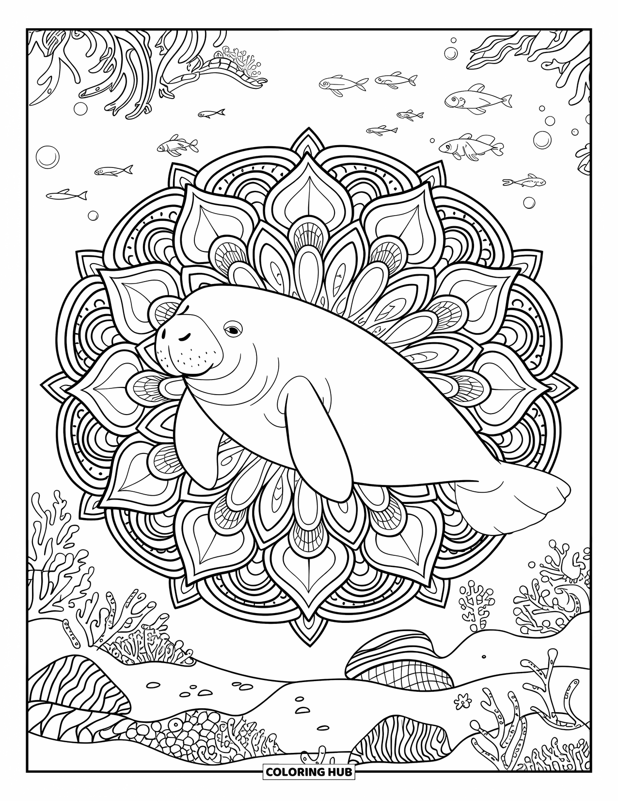 Manatee Coloring Page for Adults: Manatee floats within a sea-life mandala filled with coral and patterns
