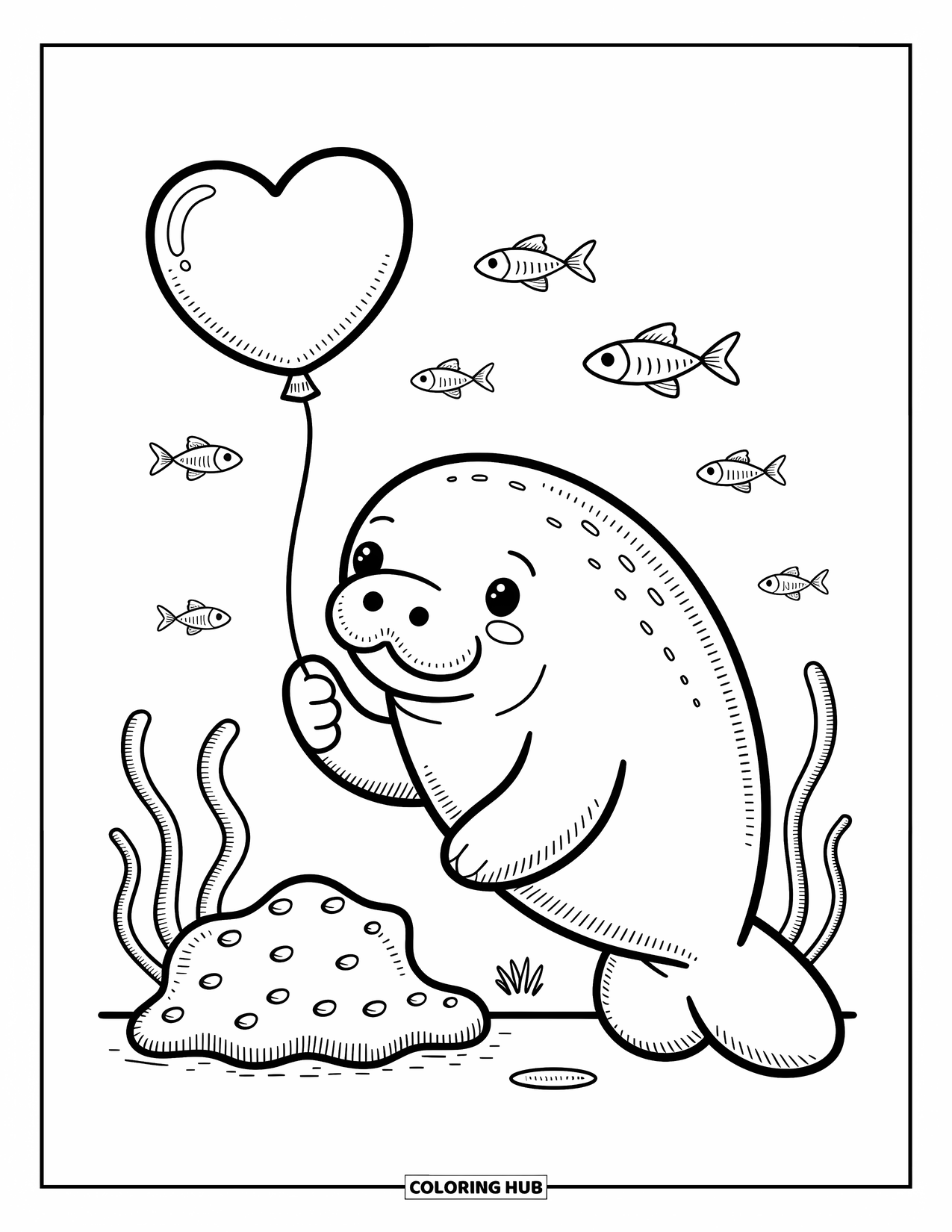 Manatee Coloring Page for Adults: Manatee gently holds a heart balloon with fish admiring it