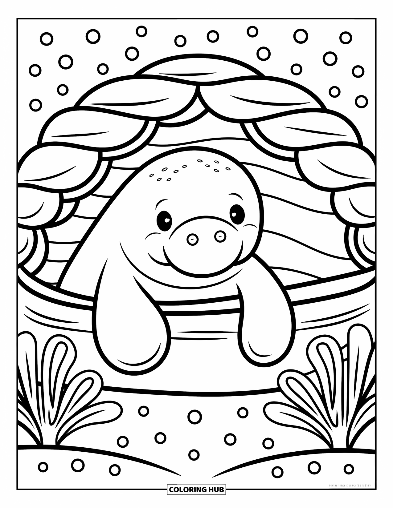 Manatee Coloring Page for Adults: Manatee peeks out of a seashell cave with a shy smile
