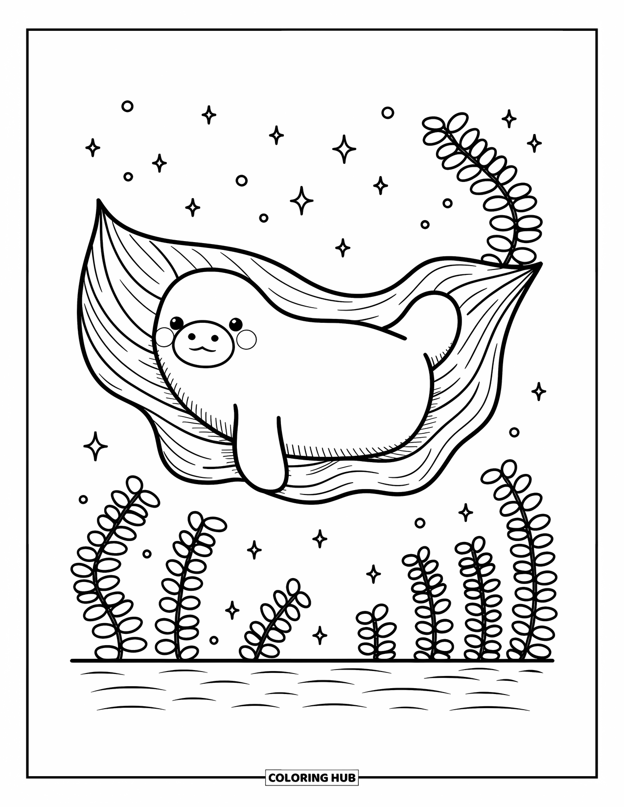 Manatee Coloring Page for Adults: Manatee rests on a sea leaf with sparkles and swirly kelp nearby