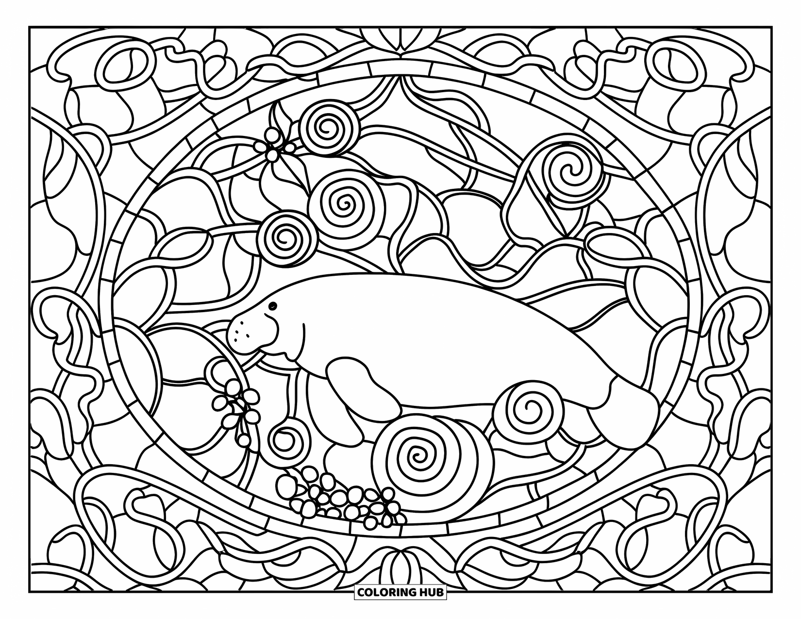 Manatee Coloring Page for Adults: Manatee swims through stained glass waves with shells, vines, and flowers
