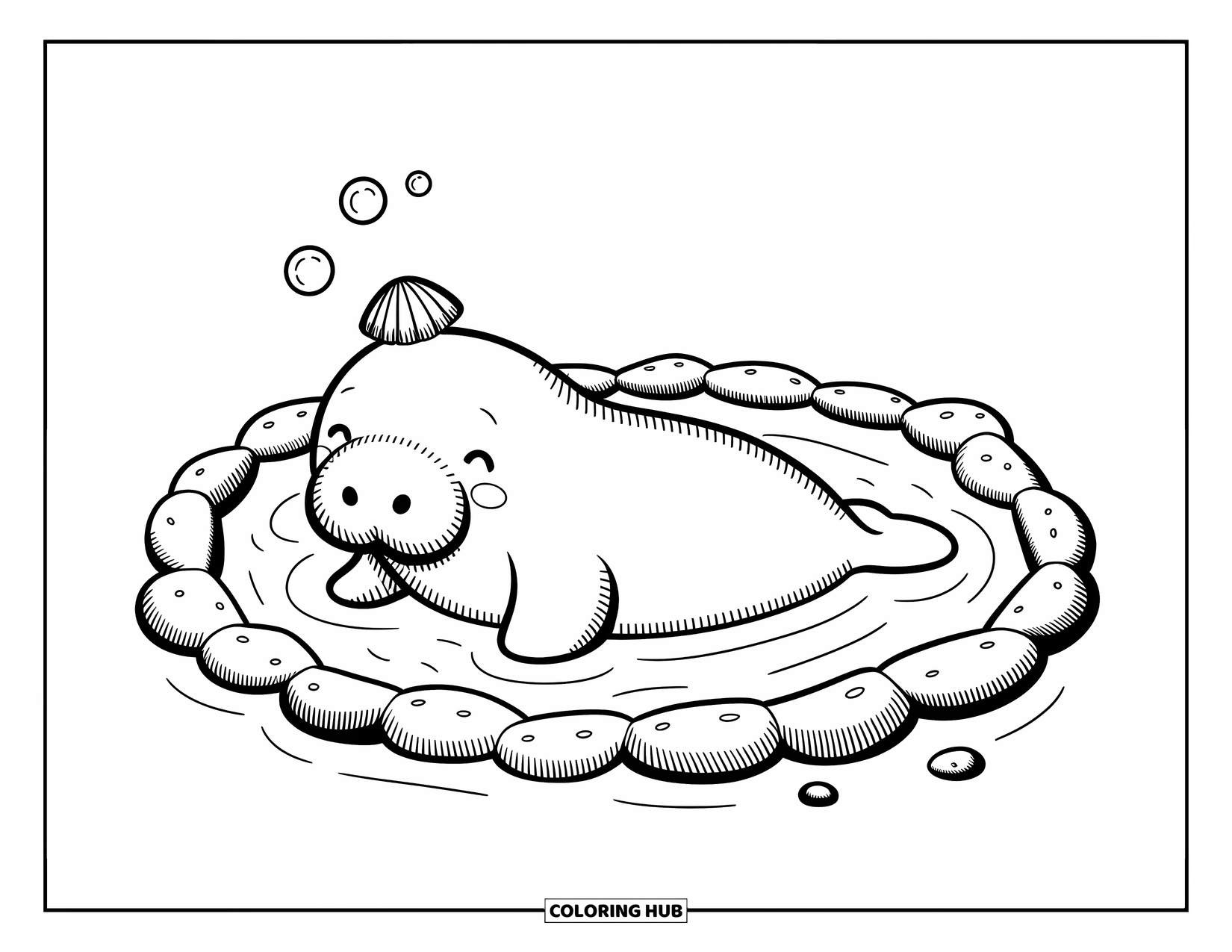 Manatee Coloring Page for Adults: Relaxing manatee rests in a tidepool with bubbles above