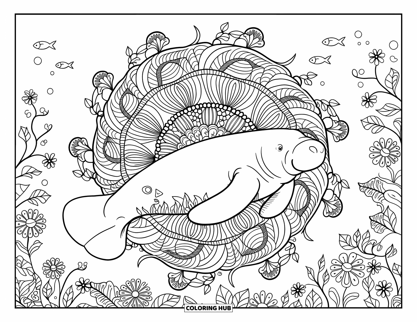 Manatee Coloring Page for Adults: Resting manatee surrounded by intricate underwater mandala full of fish and vines