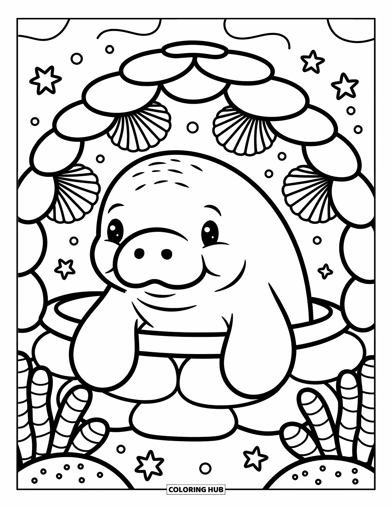 Manatee Coloring Page for Adults: Shy manatee peeks from a cozy shell cave framed by coral fans