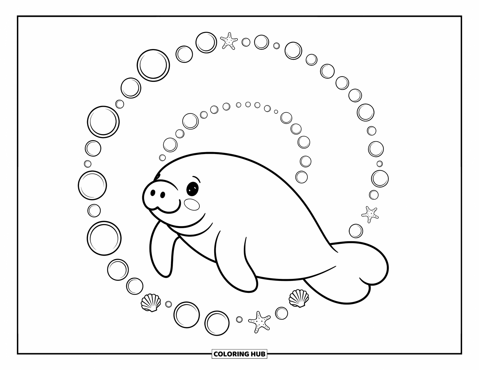 Manatee Coloring Page for Adults: Smiling manatee floats in a spiral with bubbles and seashells