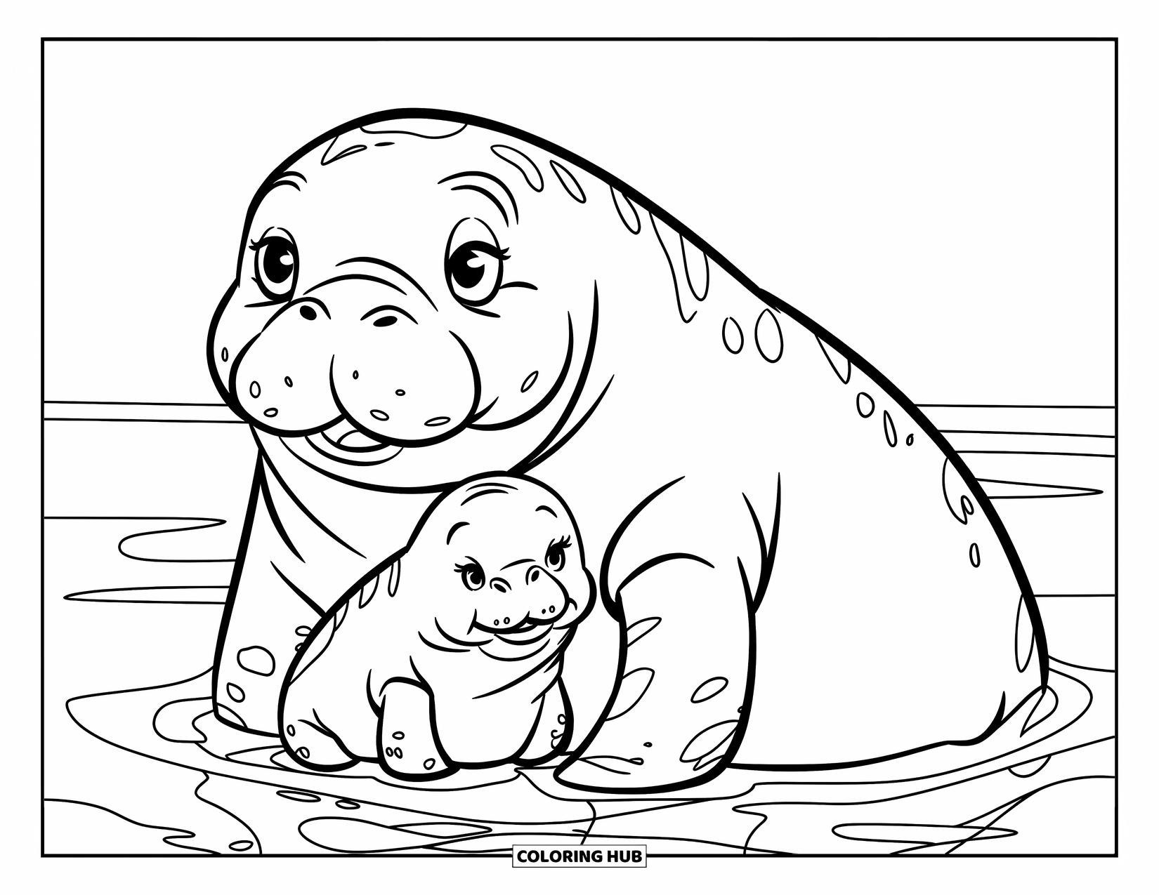Manatee Coloring Page for Kids: Big and baby manatee cuddle together in a calm sea