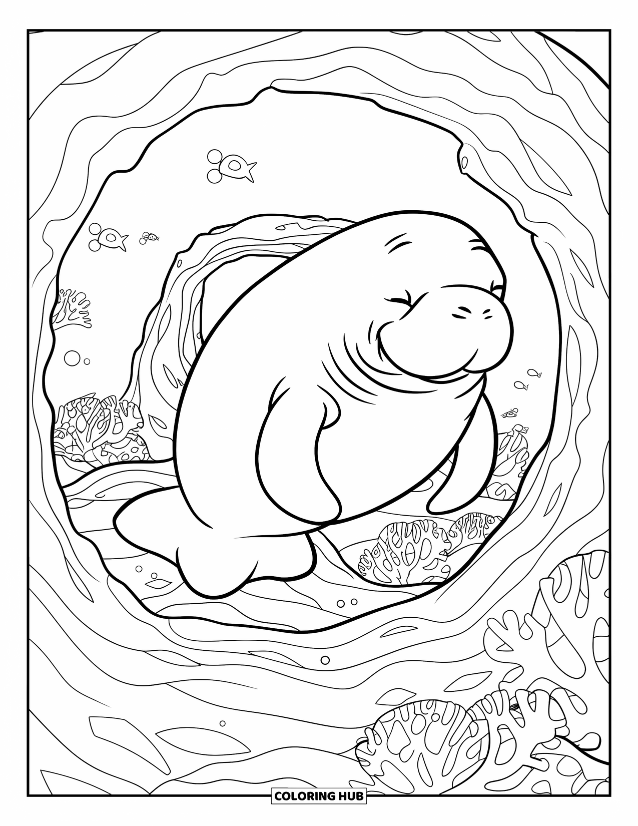 Manatee Coloring Page for Kids: Calm manatee swims through tunnels filled with fish and coral
