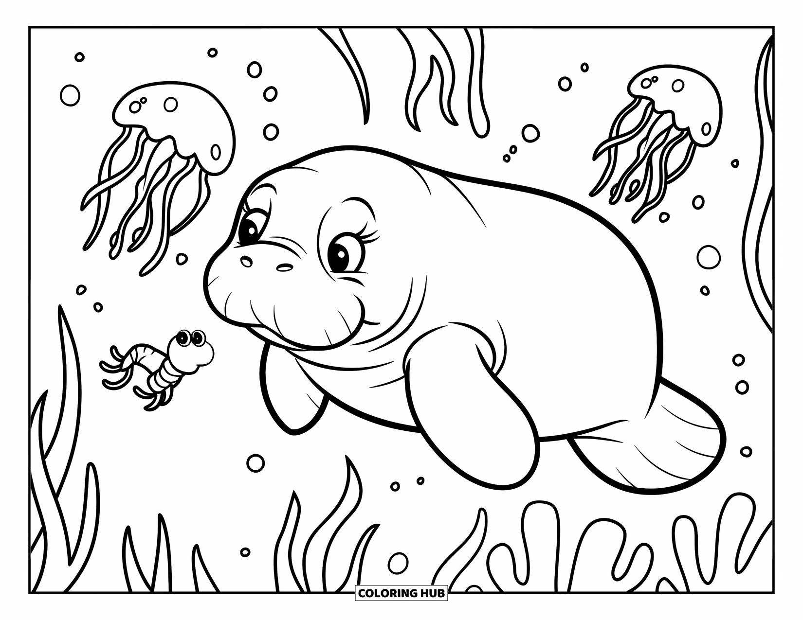 Manatee Coloring Page for Kids: Curious manatee watches a jellyfish and tiny shrimp