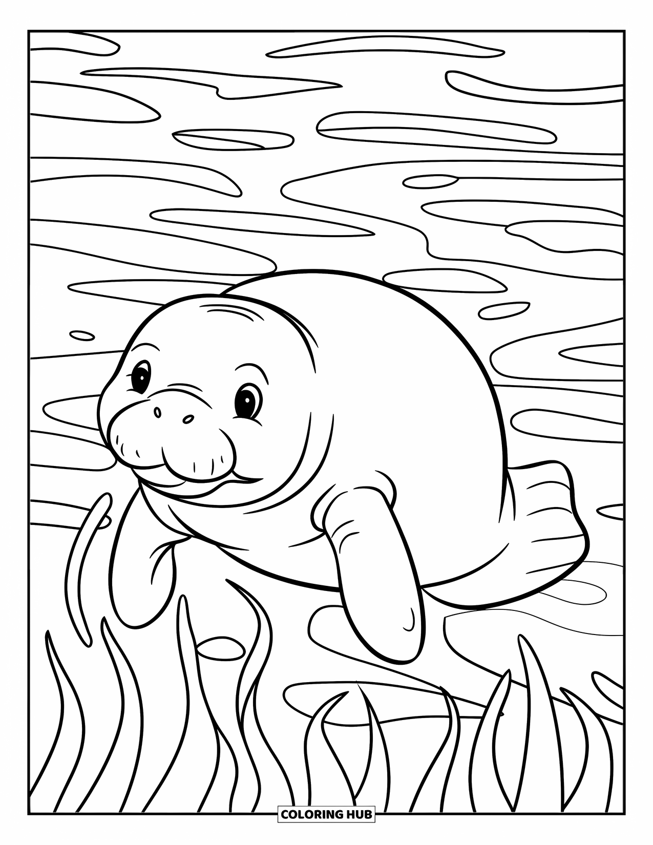 Manatee Coloring Page for Kids: Gentle manatee floats over sea grass with a soft smile